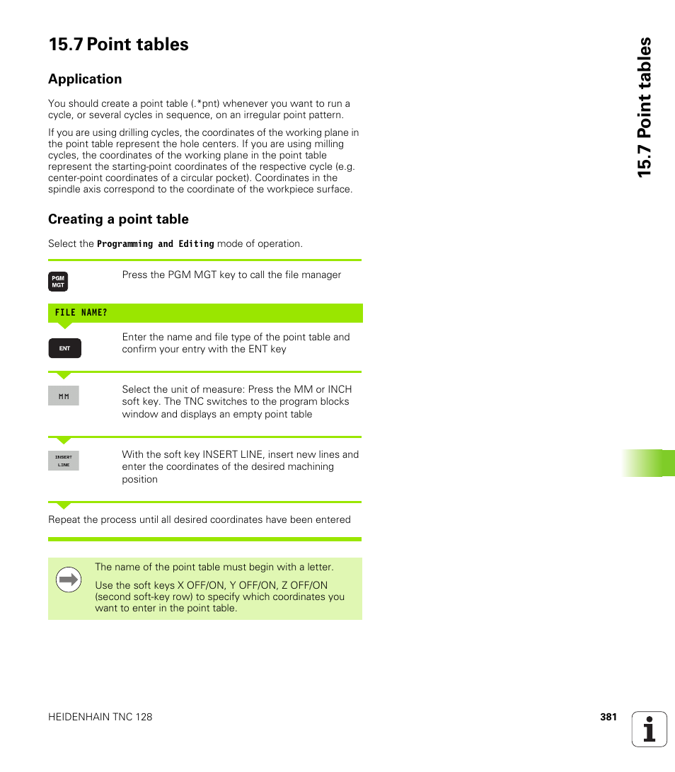 7 point tables, Application, Creating a point table | 7 p o int tables 15.7 point tables | HEIDENHAIN TNC 128 (77184x-01) User Manual | Page 381 / 505