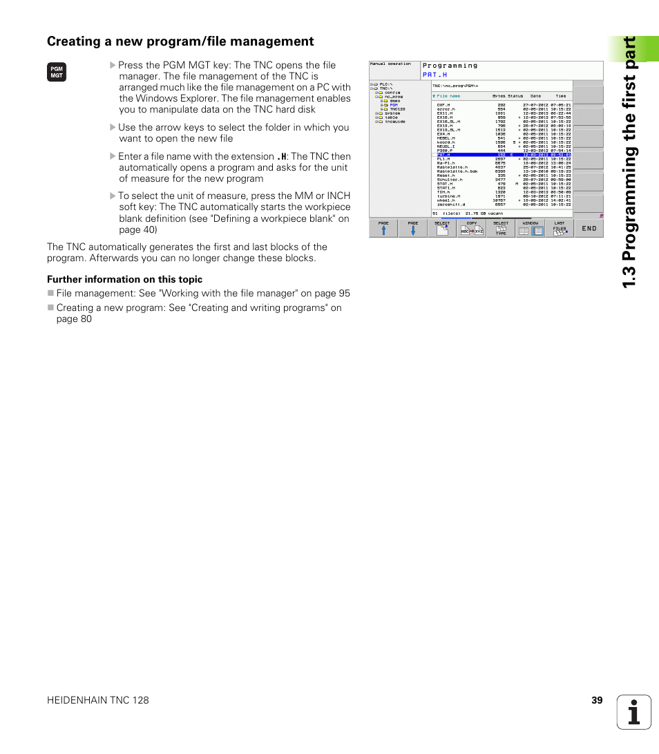 Creating a new program/file management, 3 pr ogr amming the first par t | HEIDENHAIN TNC 128 (77184x-01) User Manual | Page 39 / 505