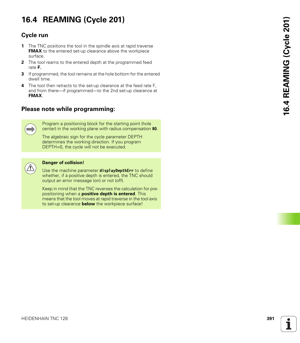 4 reaming (cycle 201), Cycle run, Please note while programming | HEIDENHAIN TNC 128 (77184x-01) User Manual | Page 391 / 505