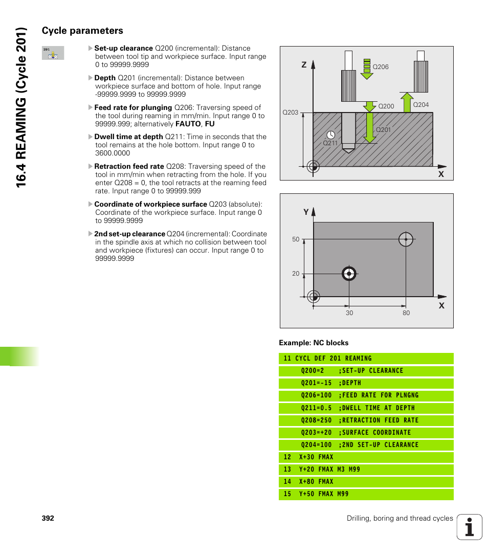 Cycle parameters, 4 reaming (cy c le 20 1) | HEIDENHAIN TNC 128 (77184x-01) User Manual | Page 392 / 505