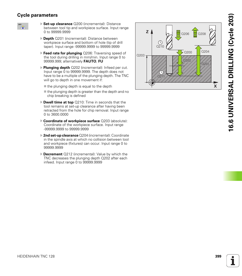 Cycle parameters, 6 univer sal drilling (cy c le 203) | HEIDENHAIN TNC 128 (77184x-01) User Manual | Page 399 / 505