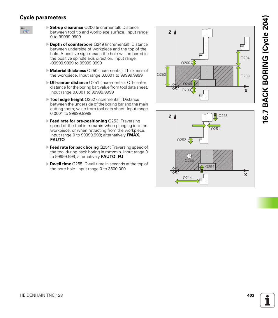 Cycle parameters, 7 ba ck boring (cy c le 204) | HEIDENHAIN TNC 128 (77184x-01) User Manual | Page 403 / 505