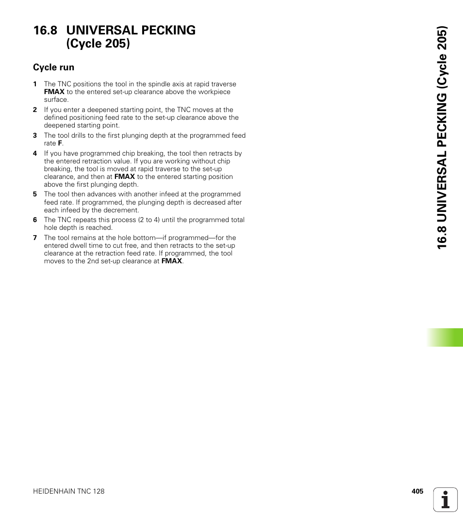 8 universal pecking (cycle 205), Cycle run | HEIDENHAIN TNC 128 (77184x-01) User Manual | Page 405 / 505