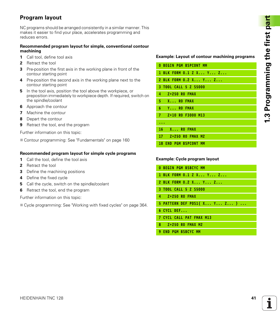 Program layout, 3 pr ogr amming the first par t | HEIDENHAIN TNC 128 (77184x-01) User Manual | Page 41 / 505