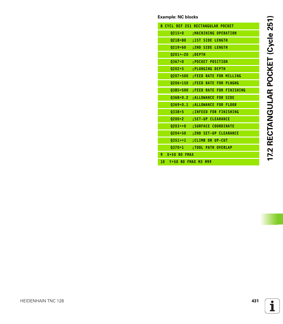 2 rect angular pocket (cy c le 251) | HEIDENHAIN TNC 128 (77184x-01) User Manual | Page 431 / 505