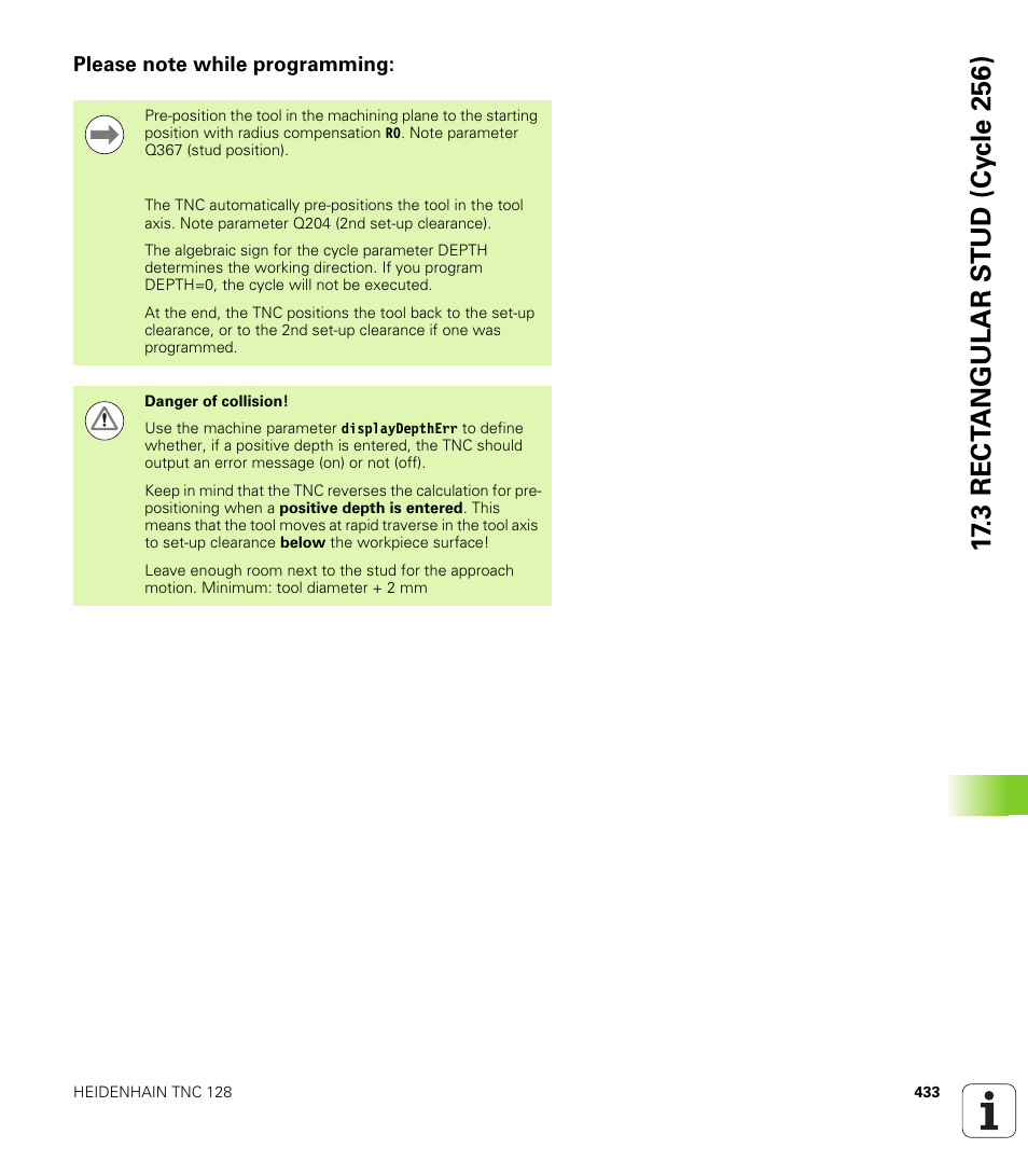 Please note while programming, 3 rect angular s t ud (cy c le 256) | HEIDENHAIN TNC 128 (77184x-01) User Manual | Page 433 / 505