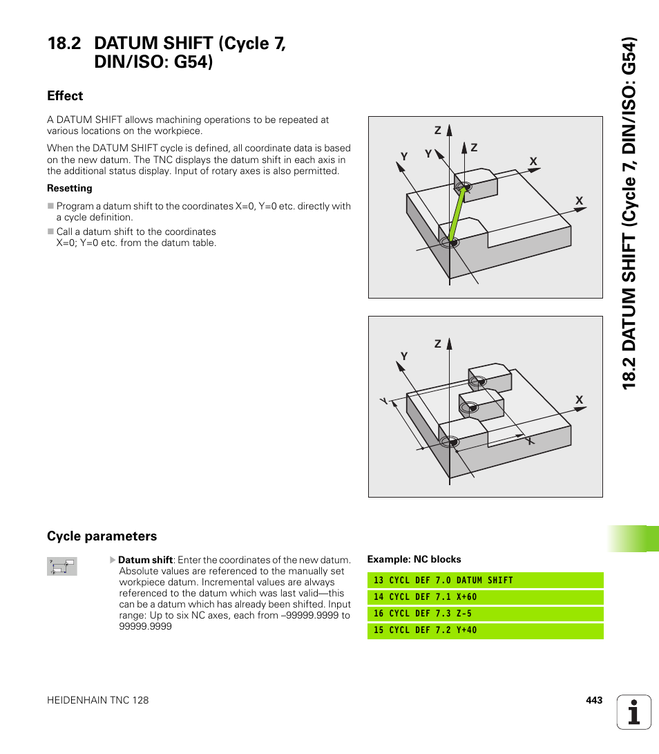 2 datum shift (cycle 7, din/iso: g54), Effect, Cycle parameters | HEIDENHAIN TNC 128 (77184x-01) User Manual | Page 443 / 505