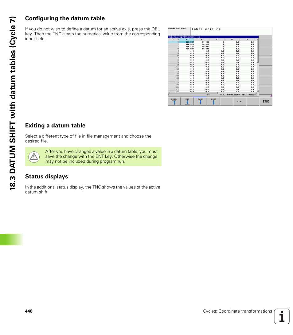 Configuring the datum table, Exiting a datum table, Status displays | HEIDENHAIN TNC 128 (77184x-01) User Manual | Page 448 / 505