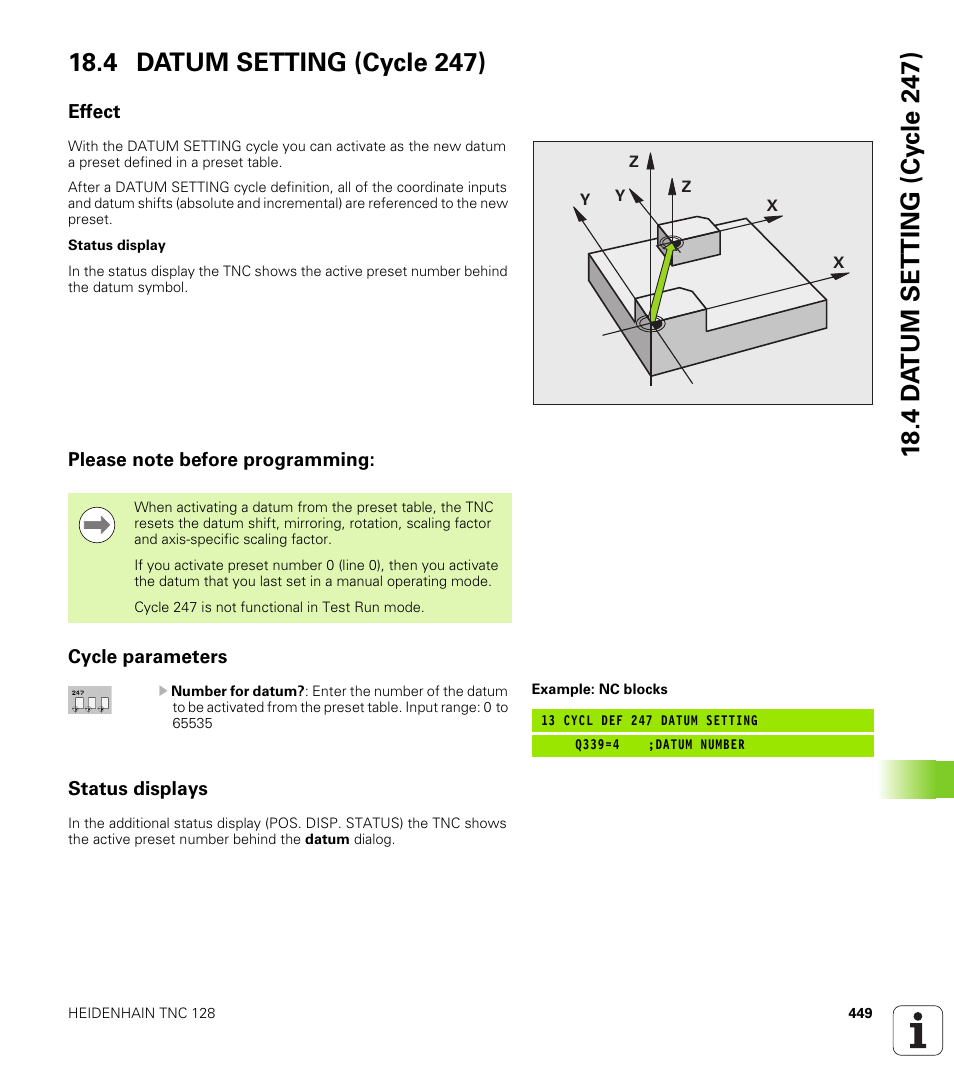 4 datum setting (cycle 247), Effect, Please note before programming | Cycle parameters, Status displays | HEIDENHAIN TNC 128 (77184x-01) User Manual | Page 449 / 505