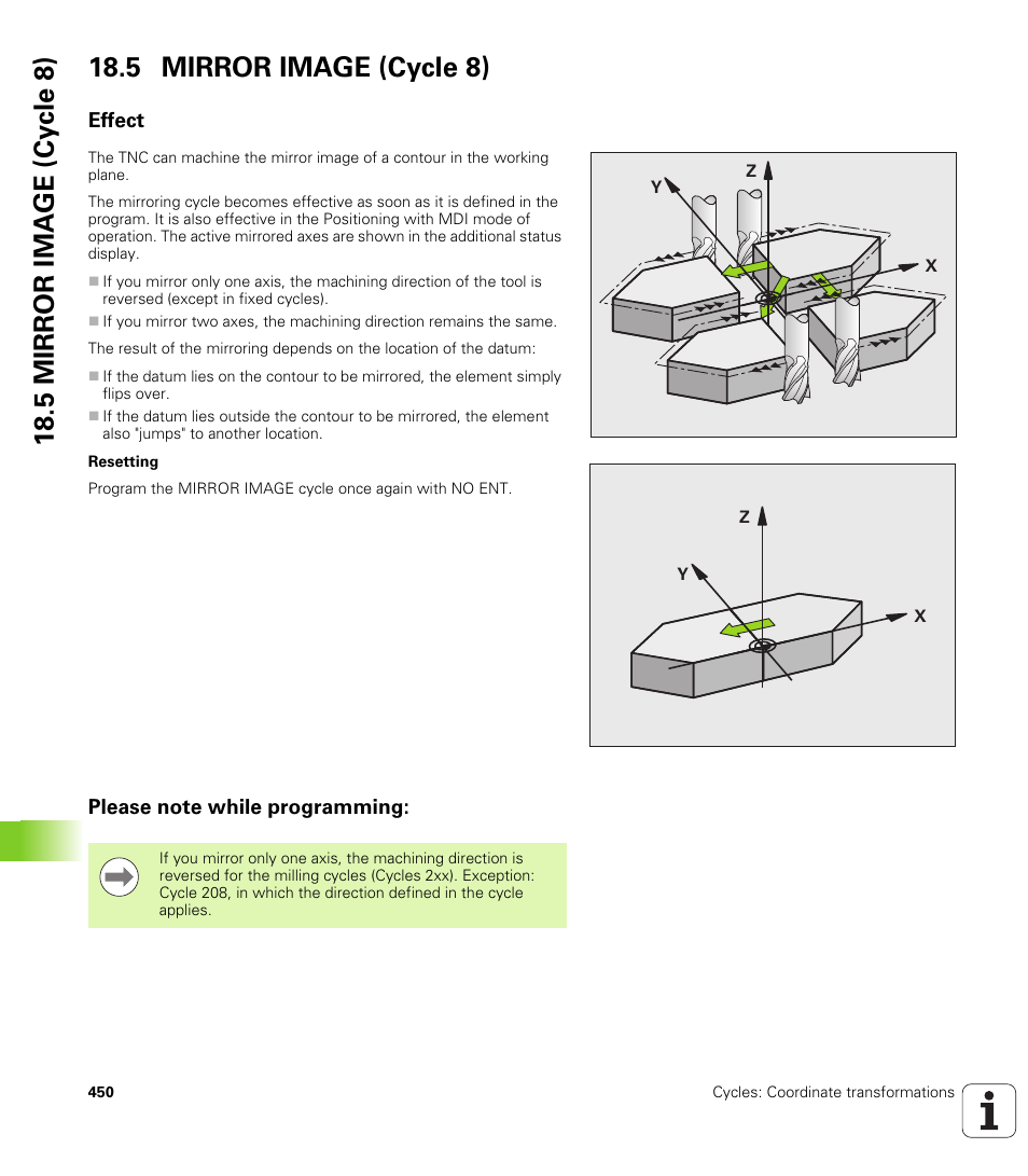 5 mirror image (cycle 8), Effect, Please note while programming | HEIDENHAIN TNC 128 (77184x-01) User Manual | Page 450 / 505