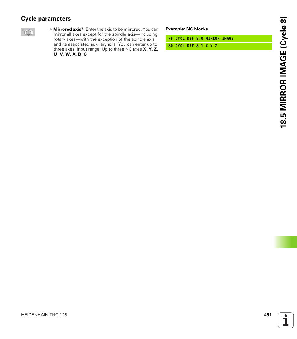 Cycle parameters, 18 .5 mirr or ima g e (cy c le 8) | HEIDENHAIN TNC 128 (77184x-01) User Manual | Page 451 / 505