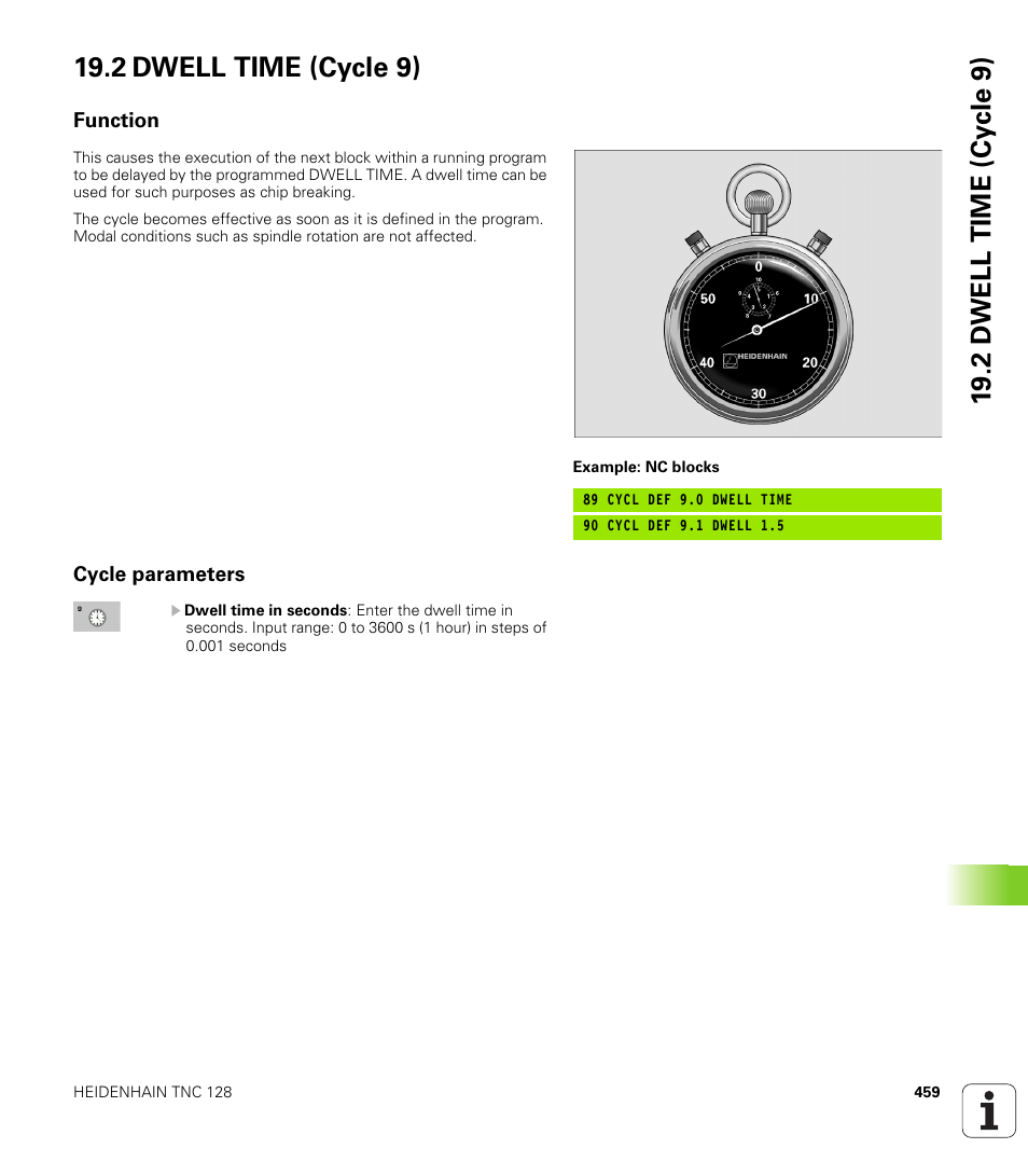 2 dwell time (cycle 9), Function, Cycle parameters | HEIDENHAIN TNC 128 (77184x-01) User Manual | Page 459 / 505