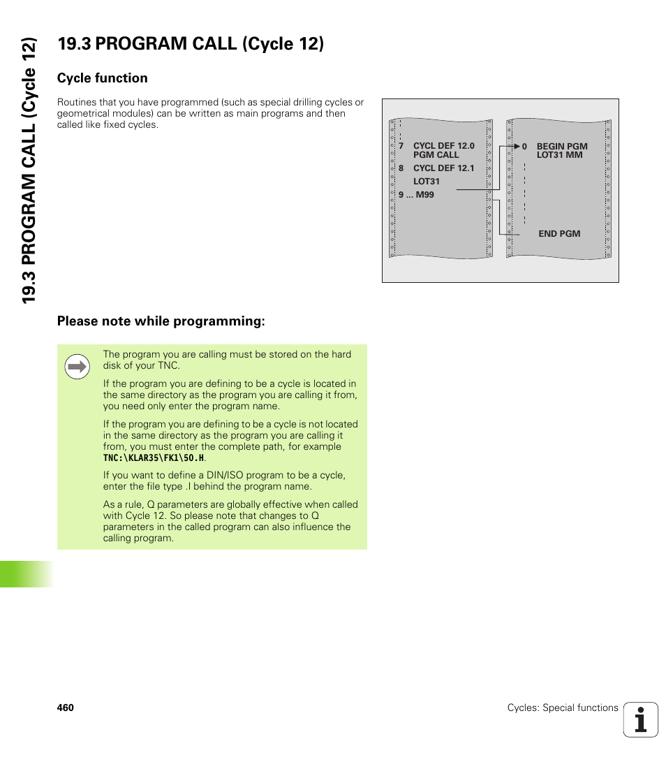 3 program call (cycle 12), Cycle function, Please note while programming | HEIDENHAIN TNC 128 (77184x-01) User Manual | Page 460 / 505