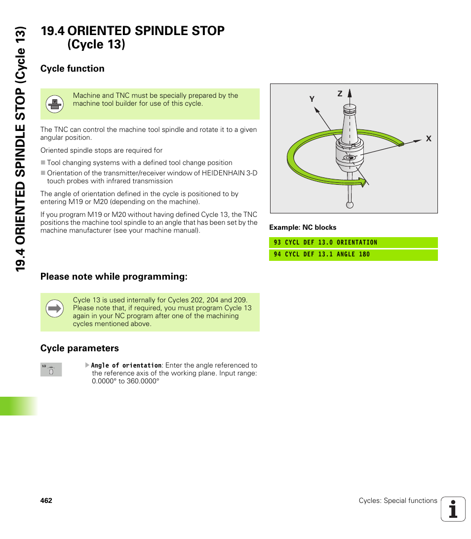 4 oriented spindle stop (cycle 13), Cycle function, Please note while programming | Cycle parameters | HEIDENHAIN TNC 128 (77184x-01) User Manual | Page 462 / 505