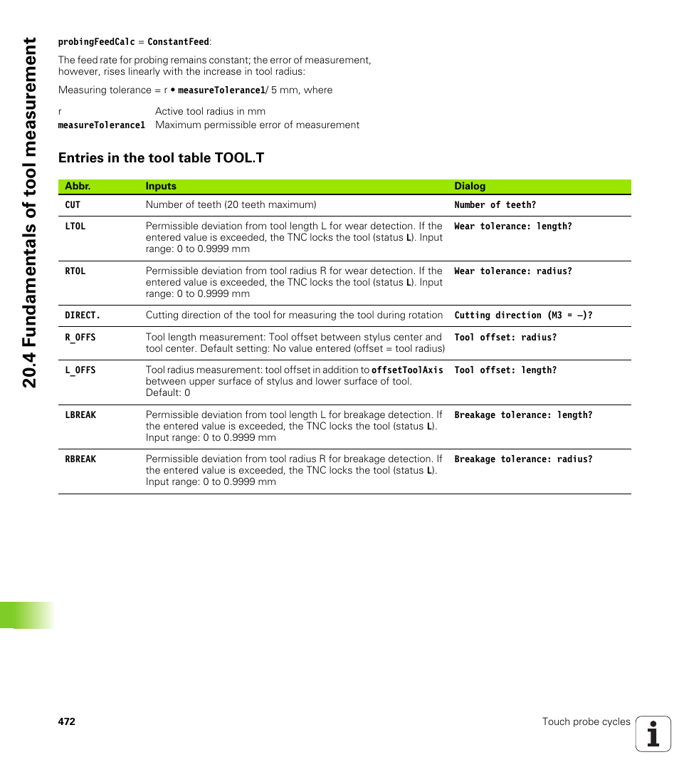 Entries in the tool table tool.t, 4 f undamentals of t o ol measur ement | HEIDENHAIN TNC 128 (77184x-01) User Manual | Page 472 / 505
