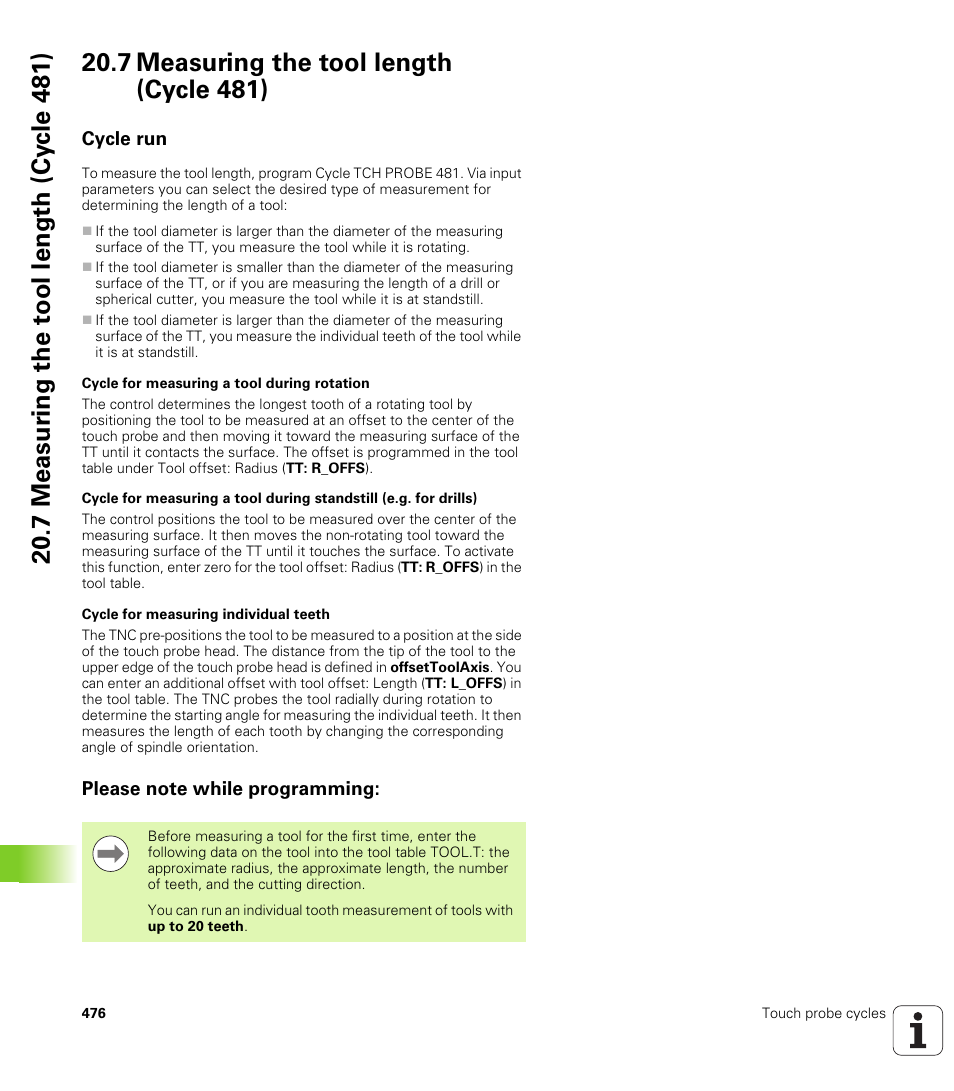 7 measuring the tool length (cycle 481), Cycle run, Please note while programming | HEIDENHAIN TNC 128 (77184x-01) User Manual | Page 476 / 505