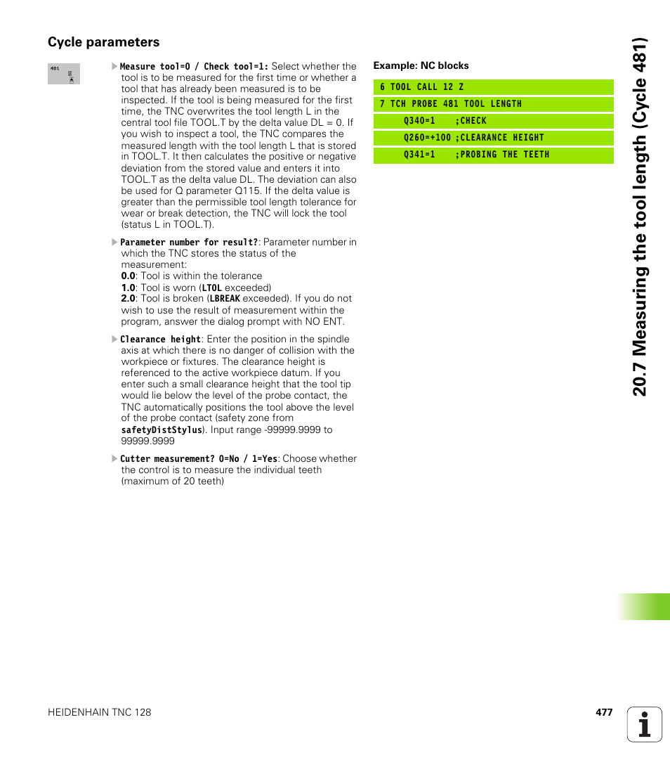 Cycle parameters, 7 measur ing the t ool length (cy c le 481) | HEIDENHAIN TNC 128 (77184x-01) User Manual | Page 477 / 505