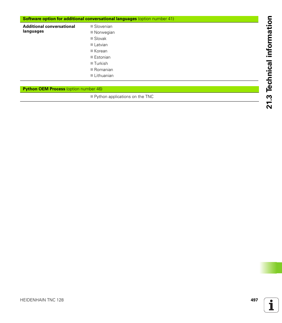 21 .3 t e c hnical inf o rm ation | HEIDENHAIN TNC 128 (77184x-01) User Manual | Page 497 / 505