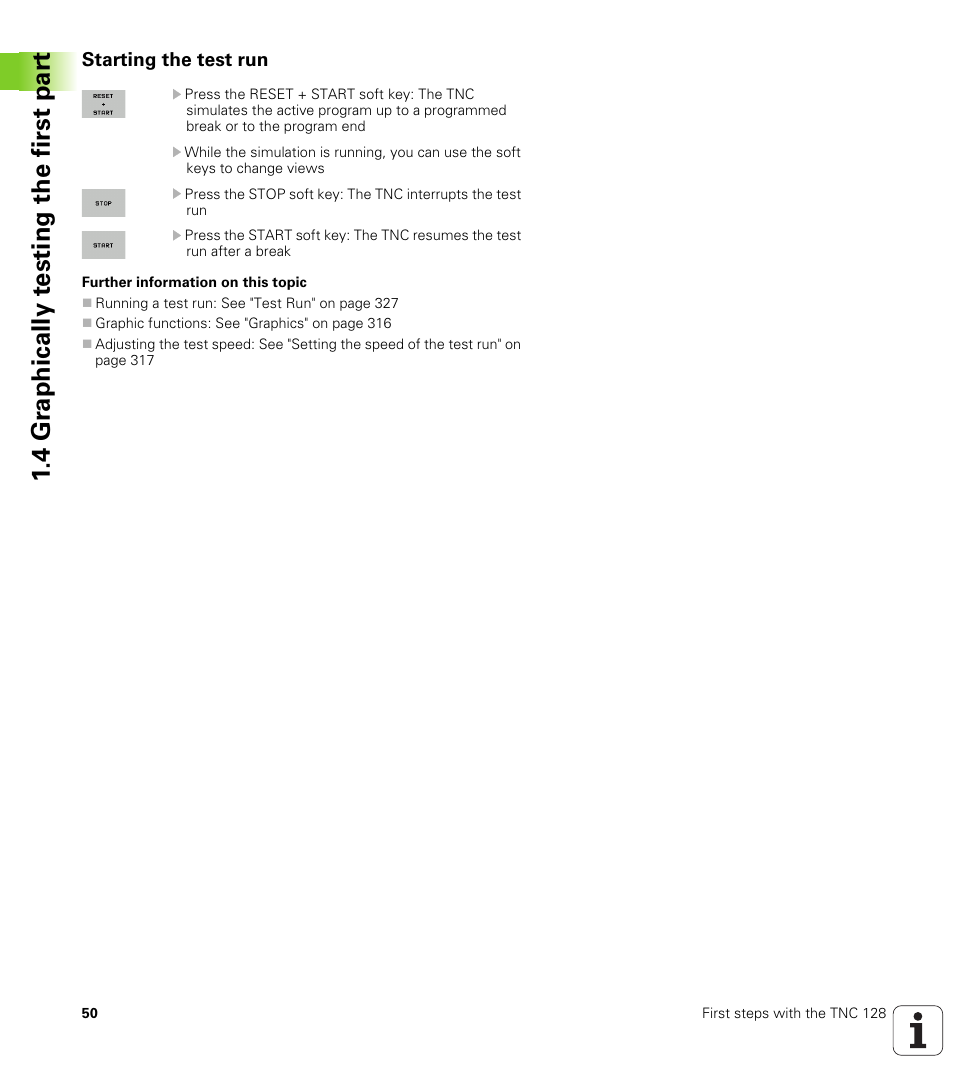 Starting the test run, 4 gr aphically t e sting the first par t | HEIDENHAIN TNC 128 (77184x-01) User Manual | Page 50 / 505