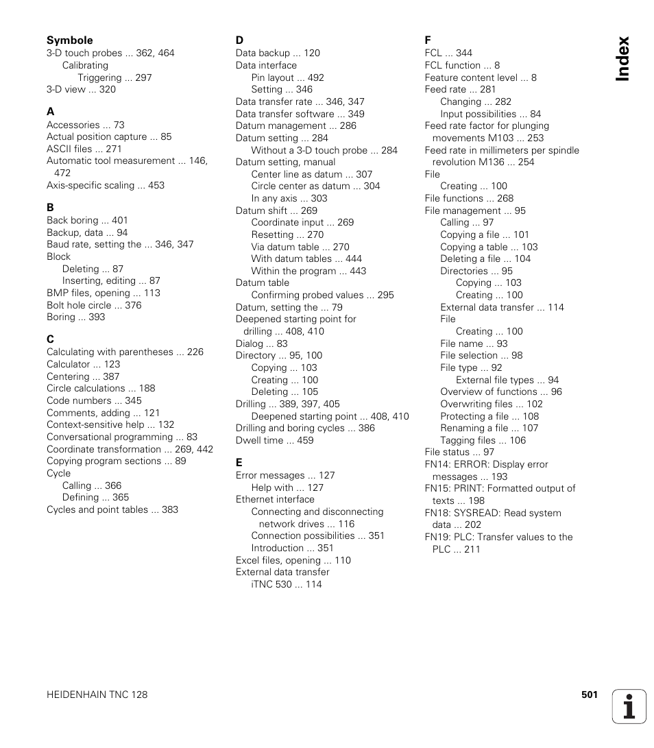 Index | HEIDENHAIN TNC 128 (77184x-01) User Manual | Page 501 / 505