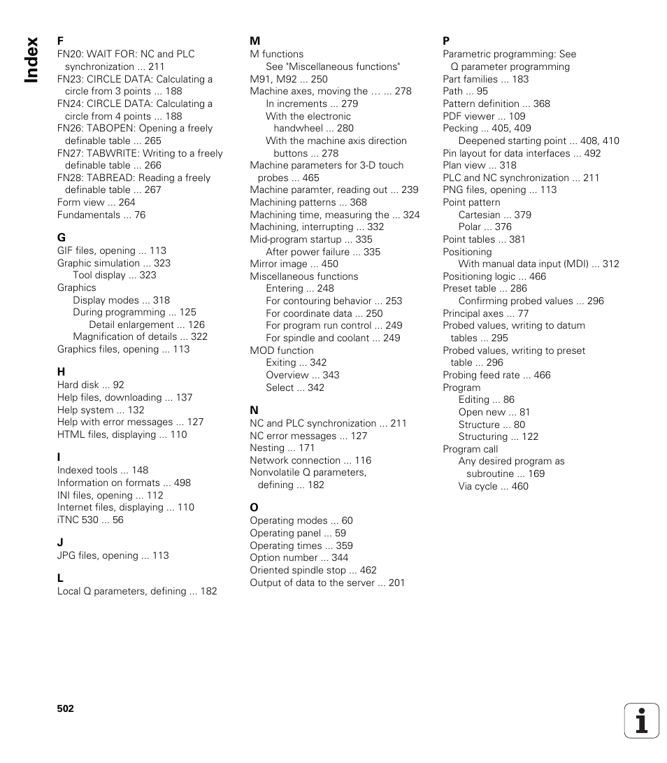 Index | HEIDENHAIN TNC 128 (77184x-01) User Manual | Page 502 / 505
