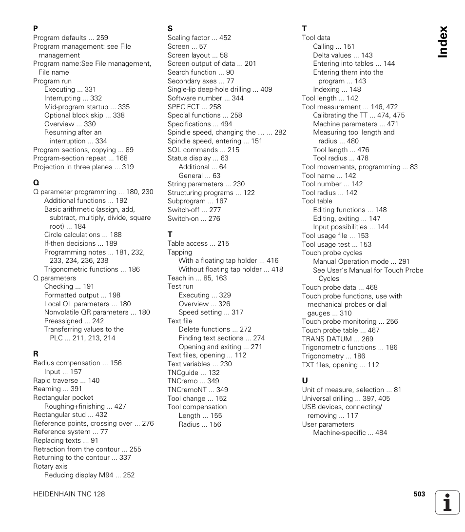 Index | HEIDENHAIN TNC 128 (77184x-01) User Manual | Page 503 / 505