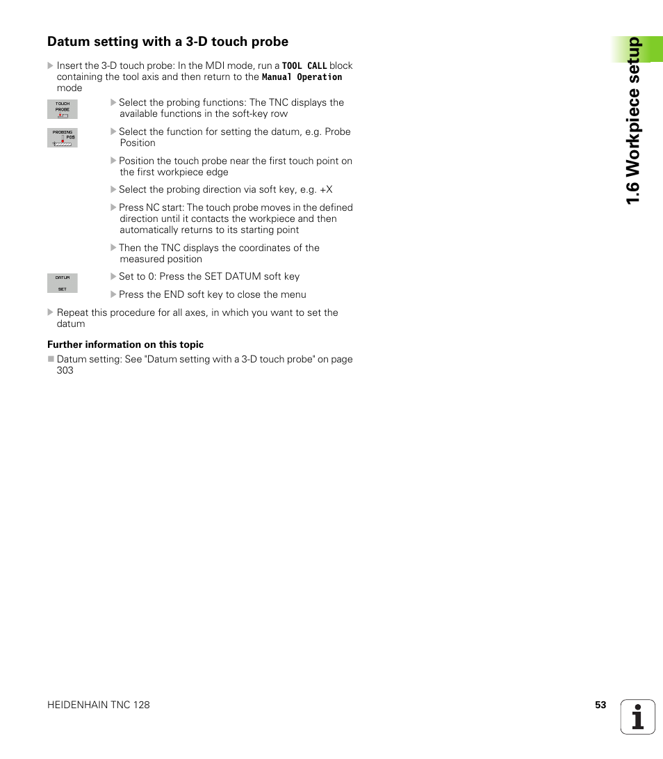 Datum setting with a 3-d touch probe, 6 w o rk piece set u p | HEIDENHAIN TNC 128 (77184x-01) User Manual | Page 53 / 505