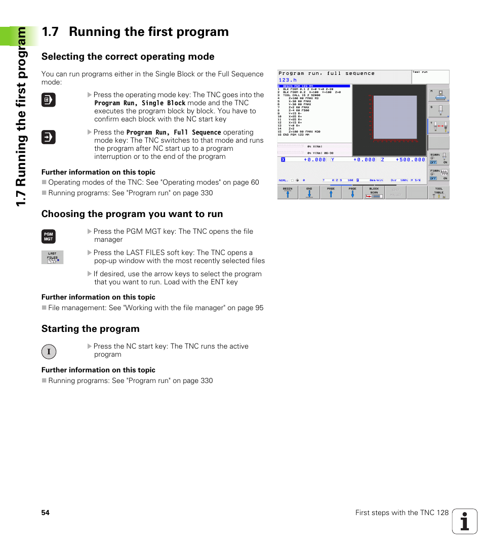 7 running the first program, Selecting the correct operating mode, Choosing the program you want to run | Starting the program | HEIDENHAIN TNC 128 (77184x-01) User Manual | Page 54 / 505