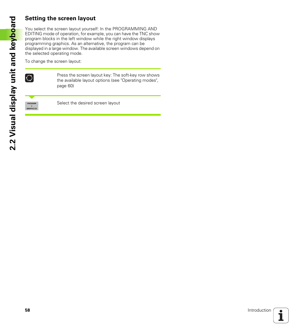 Setting the screen layout, 2 v isual displa y unit and k e yboar d | HEIDENHAIN TNC 128 (77184x-01) User Manual | Page 58 / 505