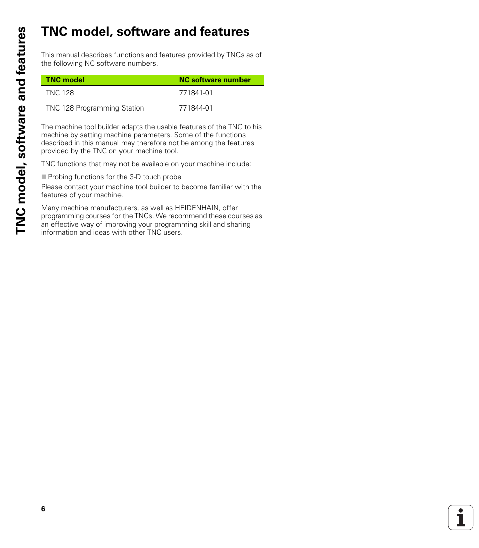 Tnc model, software and features | HEIDENHAIN TNC 128 (77184x-01) User Manual | Page 6 / 505