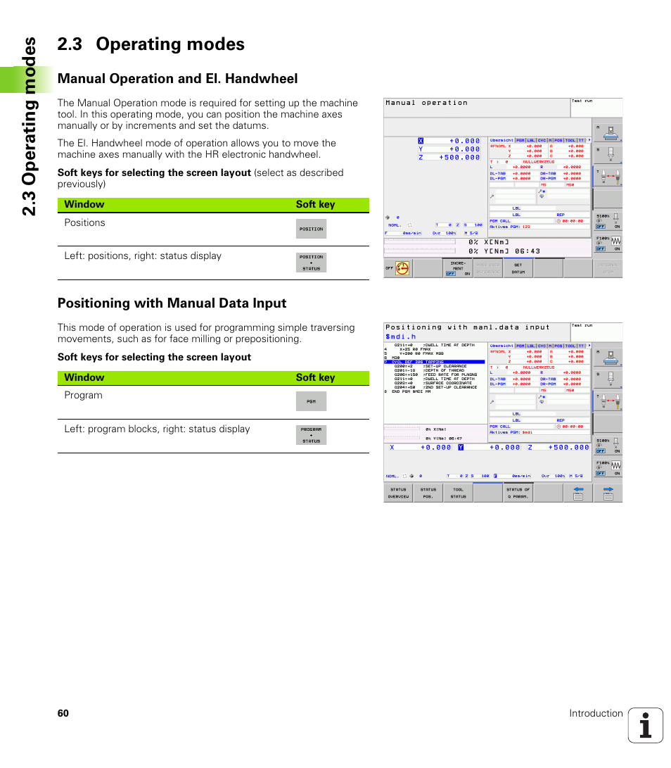 3 operating modes, Manual operation and el. handwheel, Positioning with manual data input | 3 oper ating modes 2.3 operating modes | HEIDENHAIN TNC 128 (77184x-01) User Manual | Page 60 / 505
