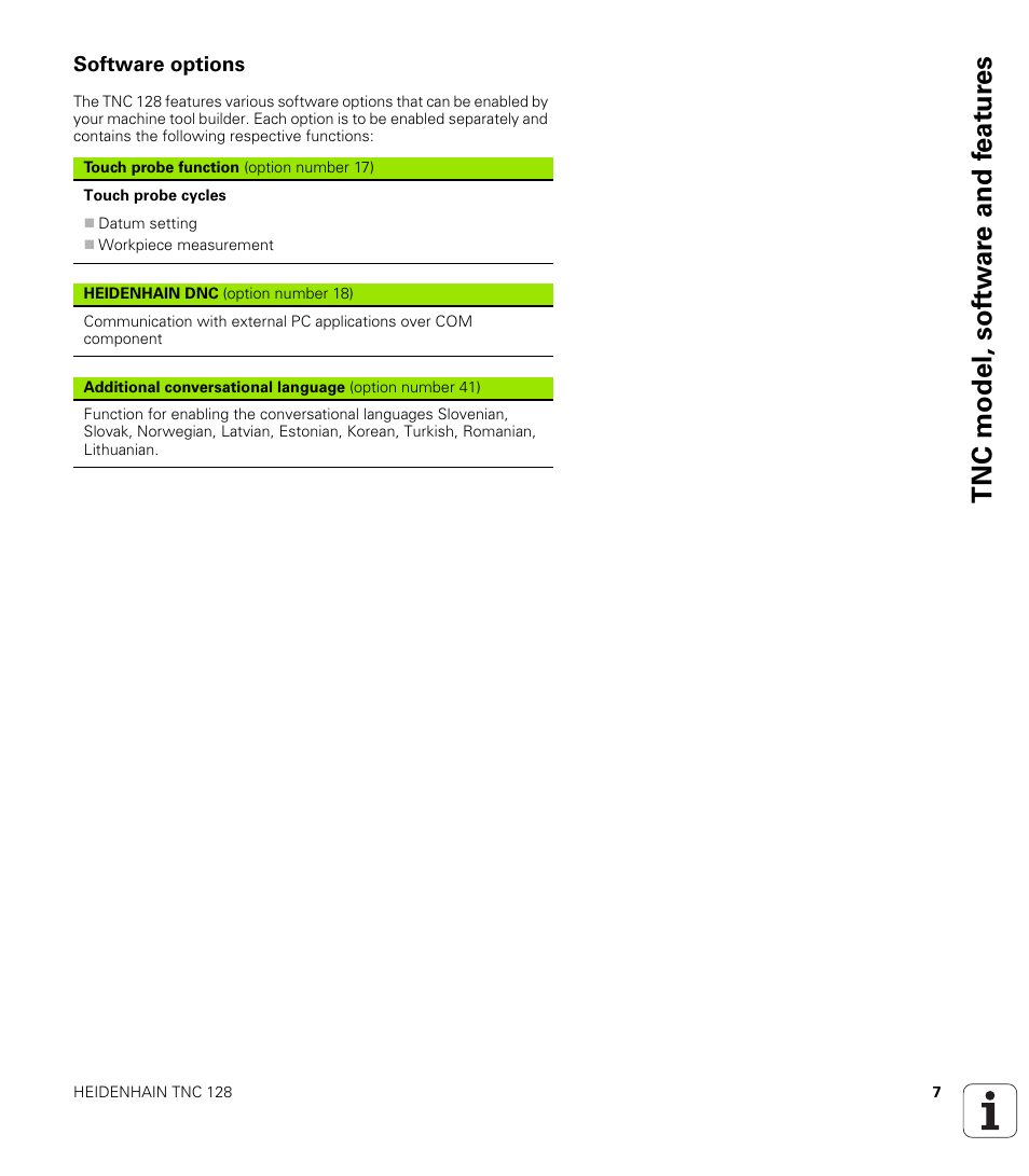 Software options, Tnc model, sof tw a re and f eat ur es | HEIDENHAIN TNC 128 (77184x-01) User Manual | Page 7 / 505