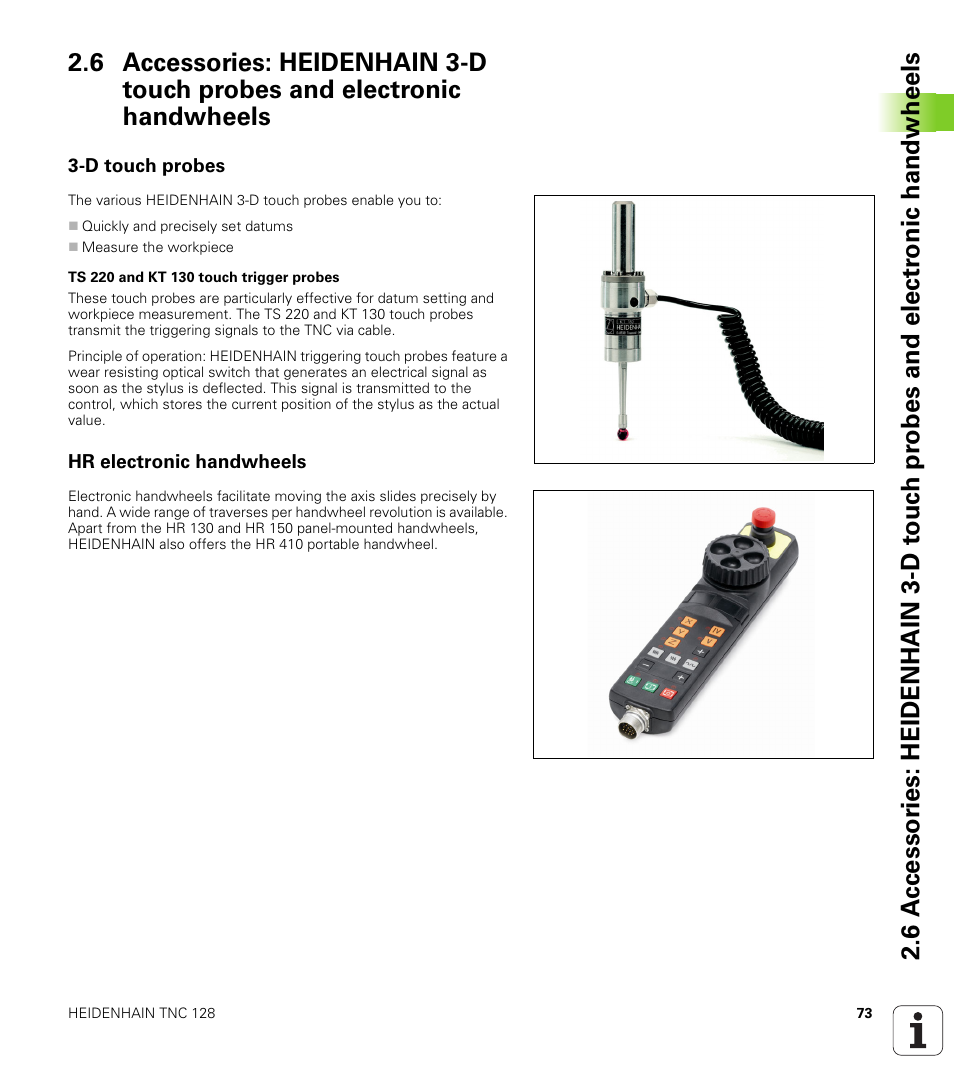 D touch probes, Hr electronic handwheels | HEIDENHAIN TNC 128 (77184x-01) User Manual | Page 73 / 505