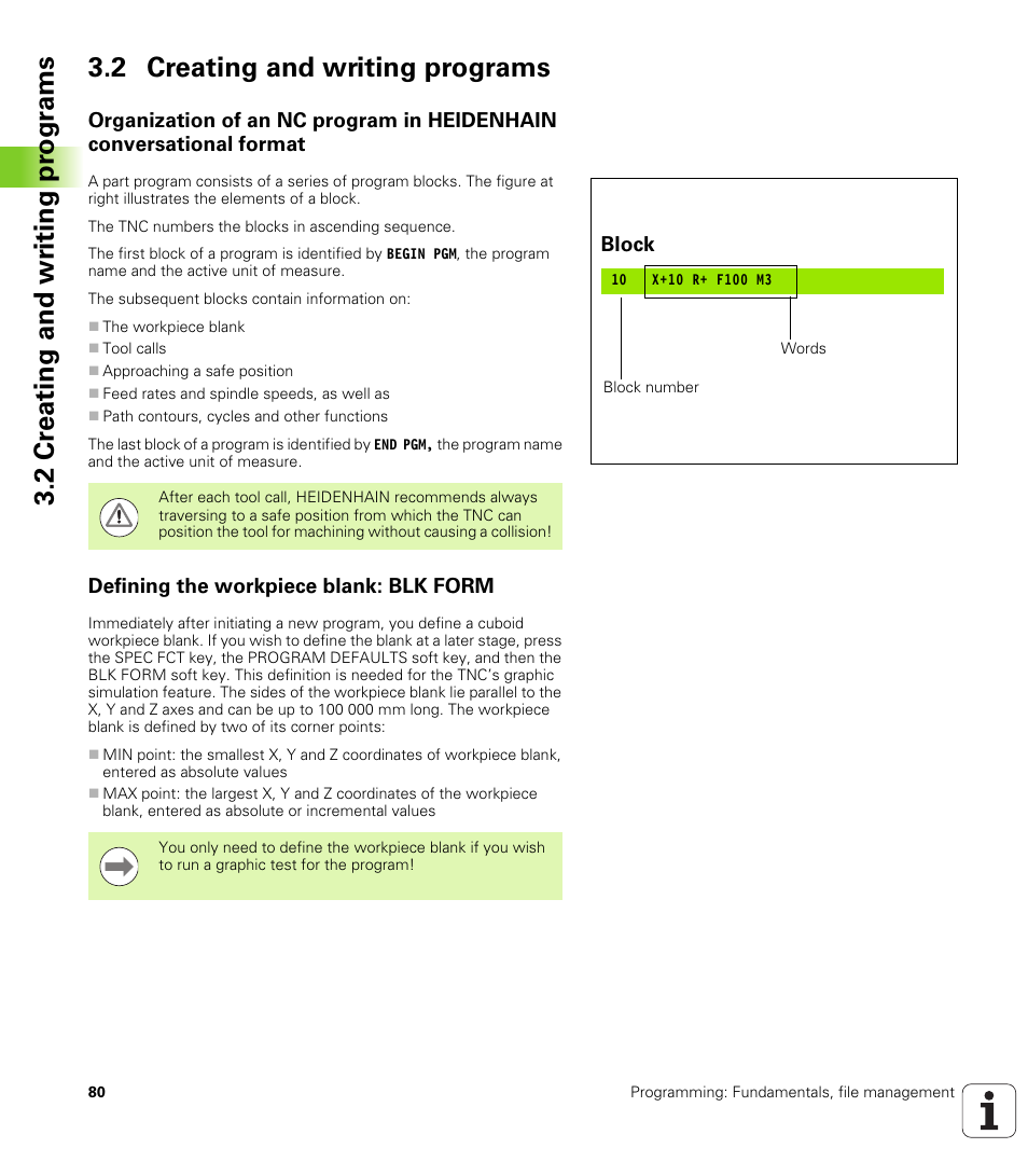2 creating and writing programs, Defining the workpiece blank: blk form | HEIDENHAIN TNC 128 (77184x-01) User Manual | Page 80 / 505