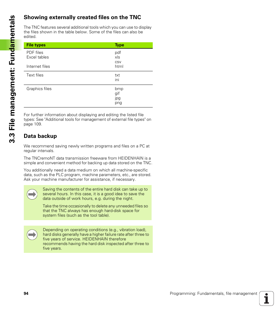 Showing externally created files on the tnc, Data backup, 3 file manag e ment: f undamentals | HEIDENHAIN TNC 128 (77184x-01) User Manual | Page 94 / 505