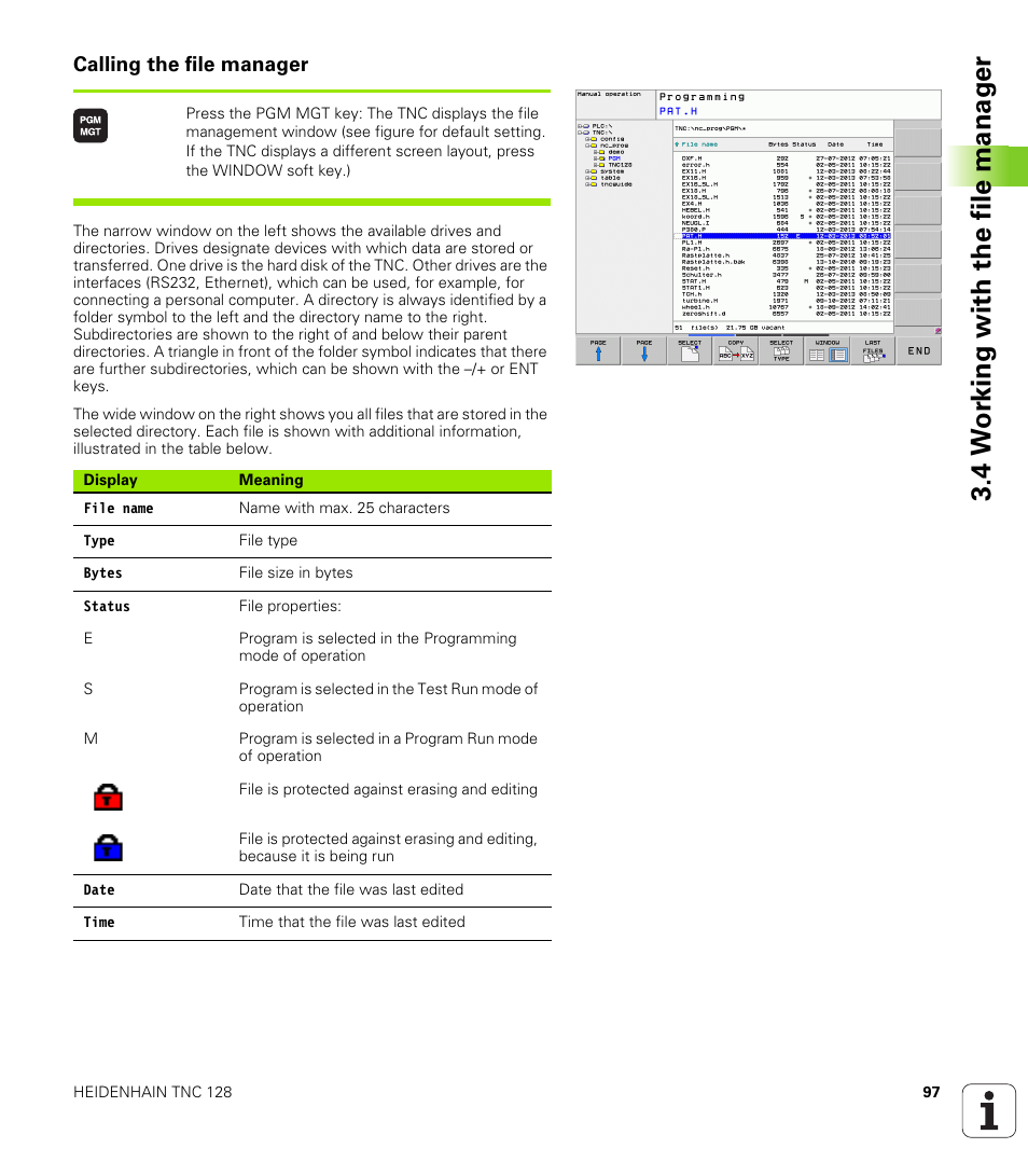 Calling the file manager, 4 w o rk ing with the file manag e r | HEIDENHAIN TNC 128 (77184x-01) User Manual | Page 97 / 505