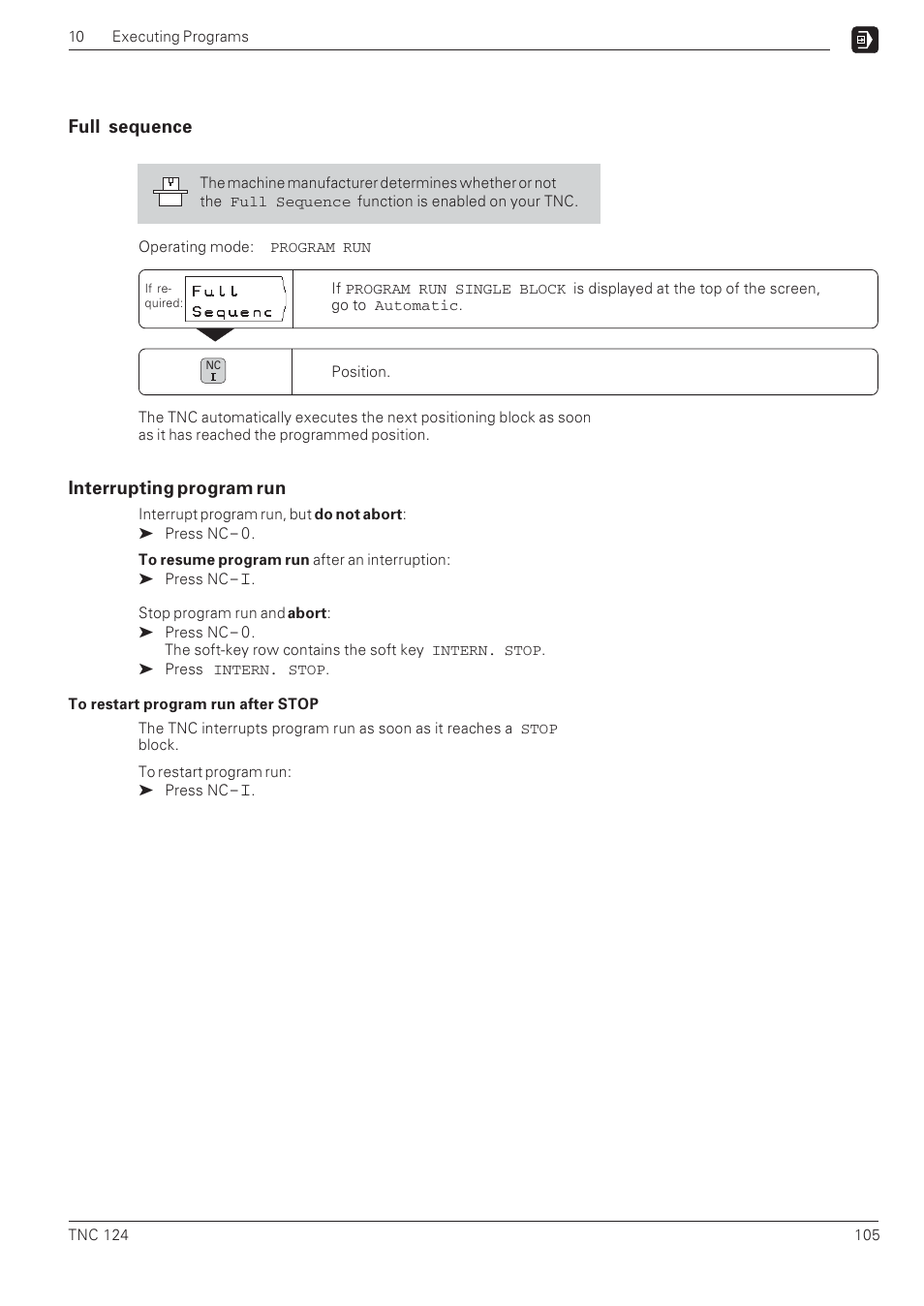 Full sequence, Interrupting program run | HEIDENHAIN NC 124 User Manual | Page 105 / 122