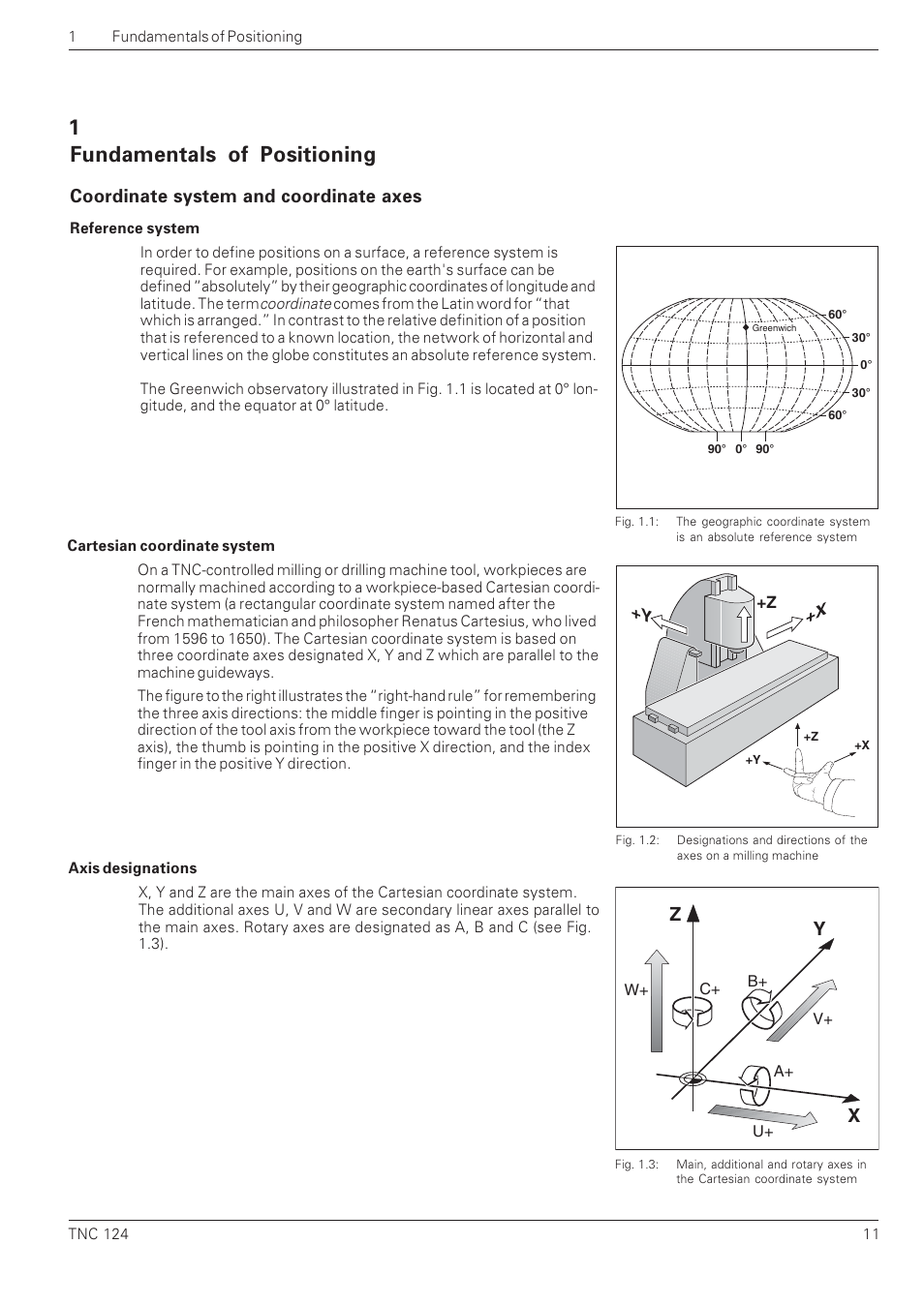 Fundamentals of positioning, Coordinate system and coordinate axes | HEIDENHAIN NC 124 User Manual | Page 11 / 122