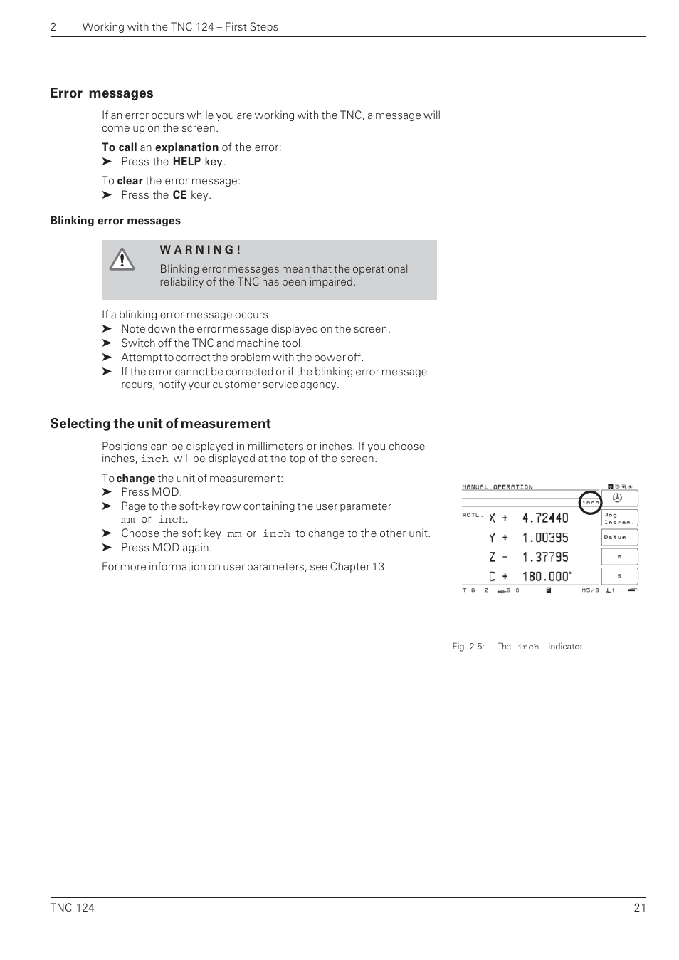 Error messages, Selecting the unit of measurement | HEIDENHAIN NC 124 User Manual | Page 21 / 122