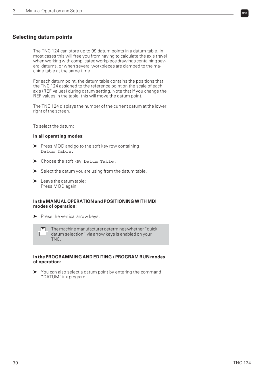 Selecting datum points | HEIDENHAIN NC 124 User Manual | Page 30 / 122