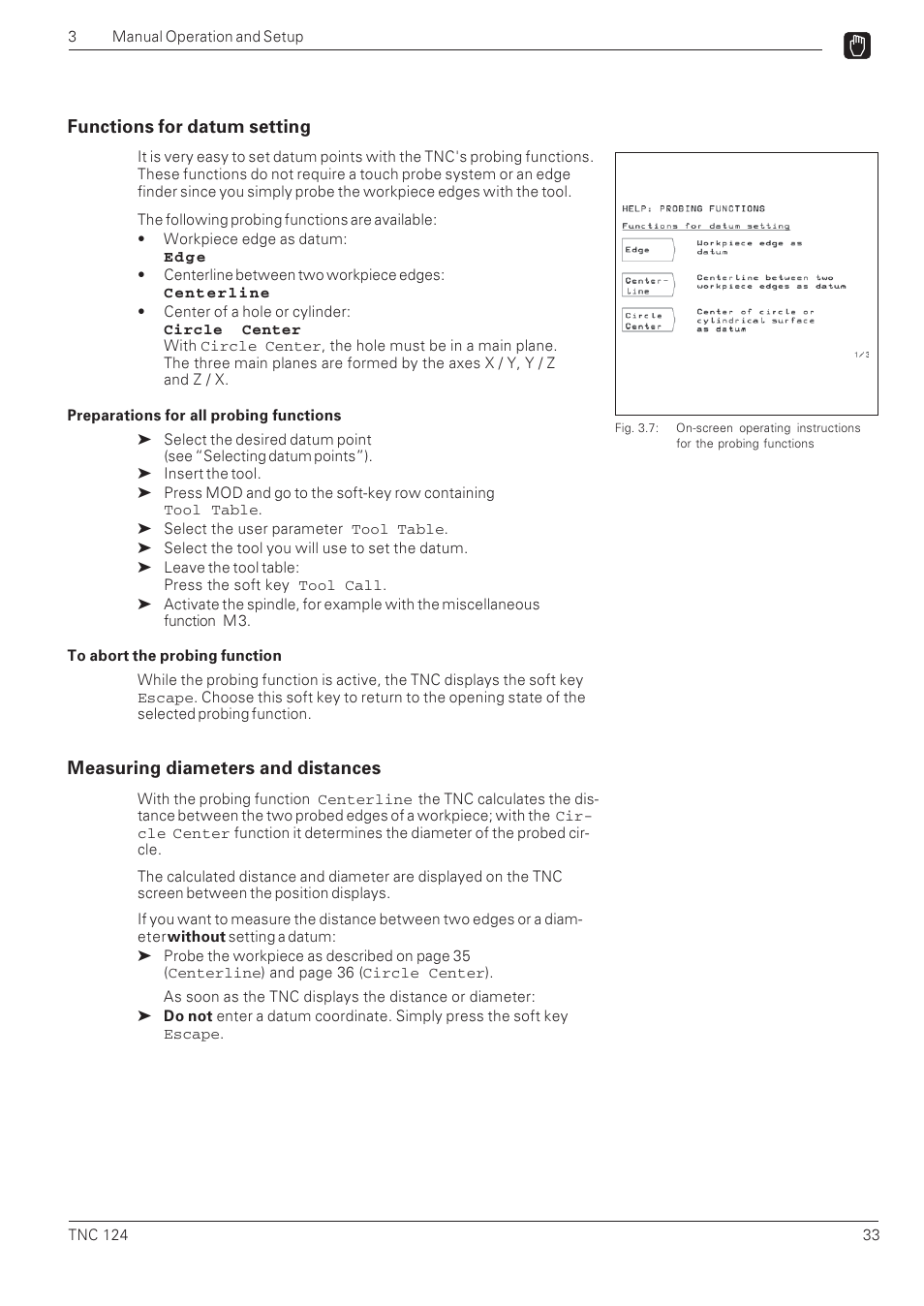 Functions for datum setting, Measuring diameters and distances | HEIDENHAIN NC 124 User Manual | Page 33 / 122
