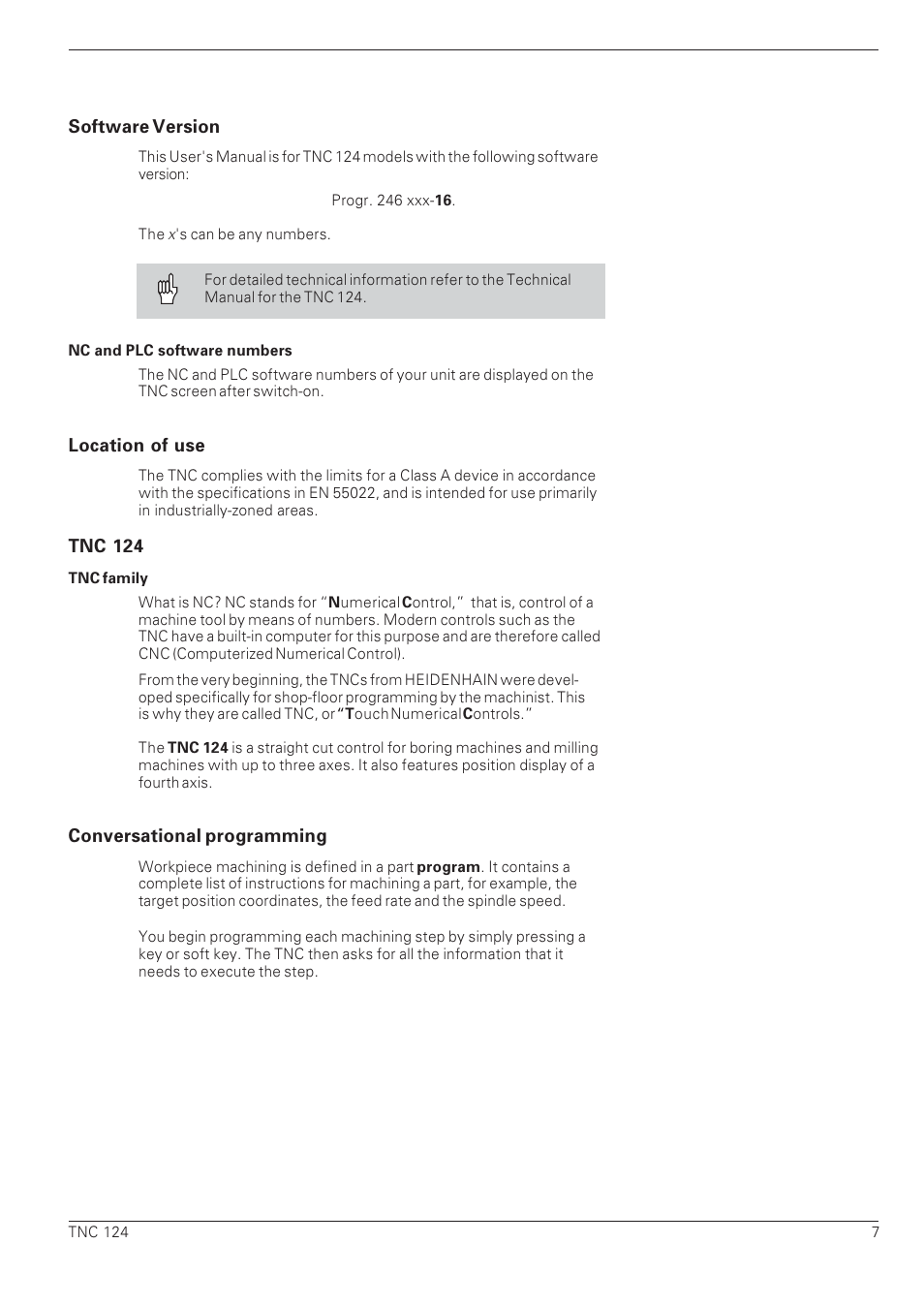 Software version, Location of use, Tnc 124 | Conversational programming | HEIDENHAIN NC 124 User Manual | Page 7 / 122