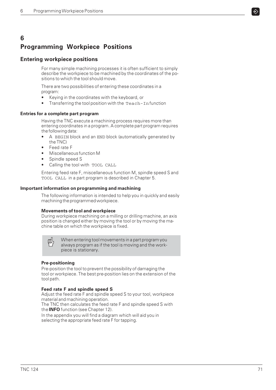 6 programming workpiece positions, Entering workpiece positions | HEIDENHAIN NC 124 User Manual | Page 71 / 122