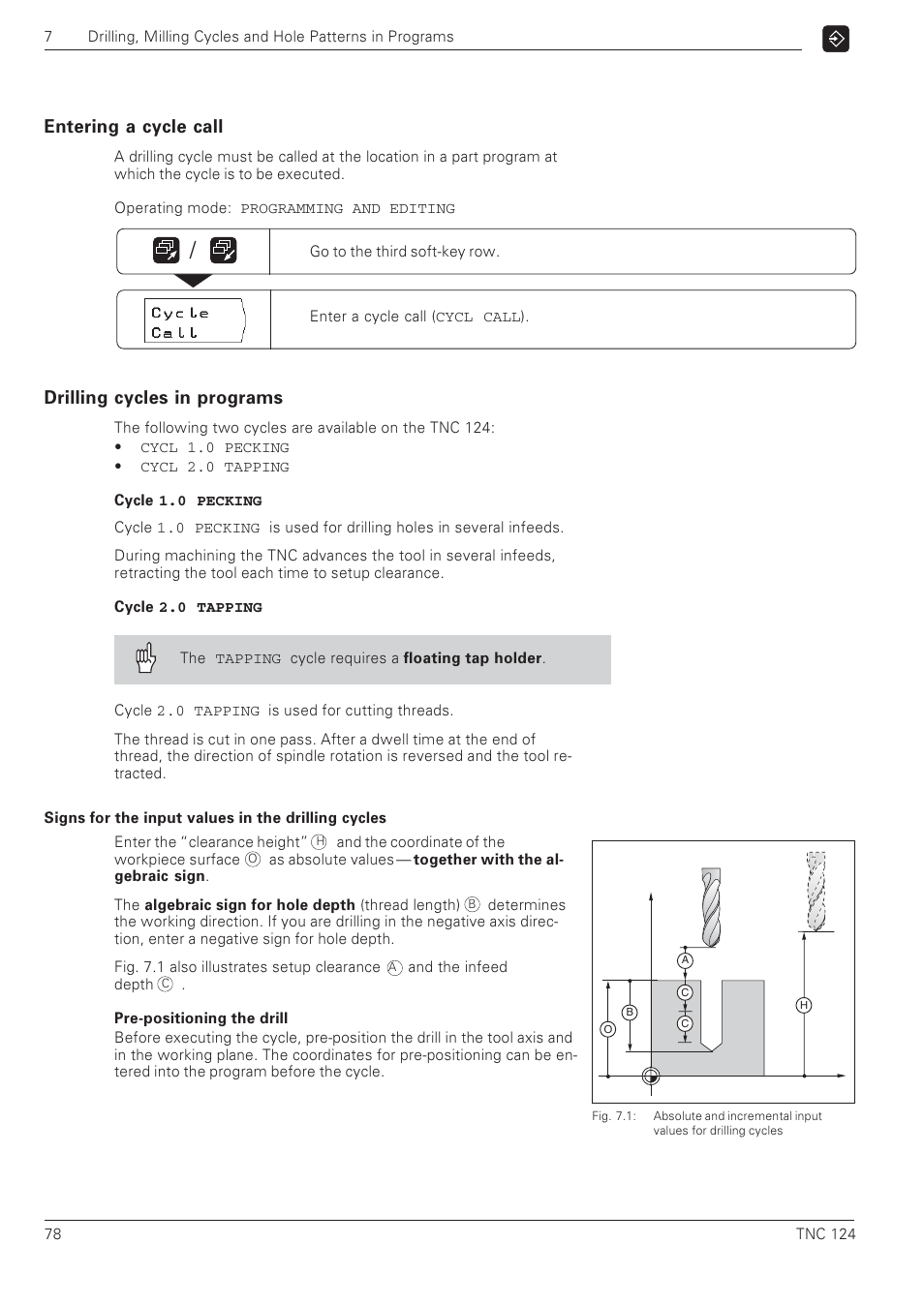 Drilling cycles in programs, Entering a cycle call | HEIDENHAIN NC 124 User Manual | Page 78 / 122