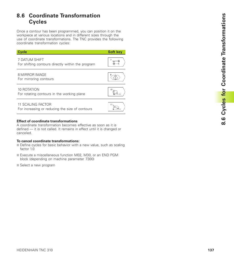 6 coordinatetransformation cycles, 6 coordinate transformation cycles, 6 cy cles f or coor dinat e t ransf or mations | HEIDENHAIN TNC 310 (286 140) User Manual | Page 149 / 250