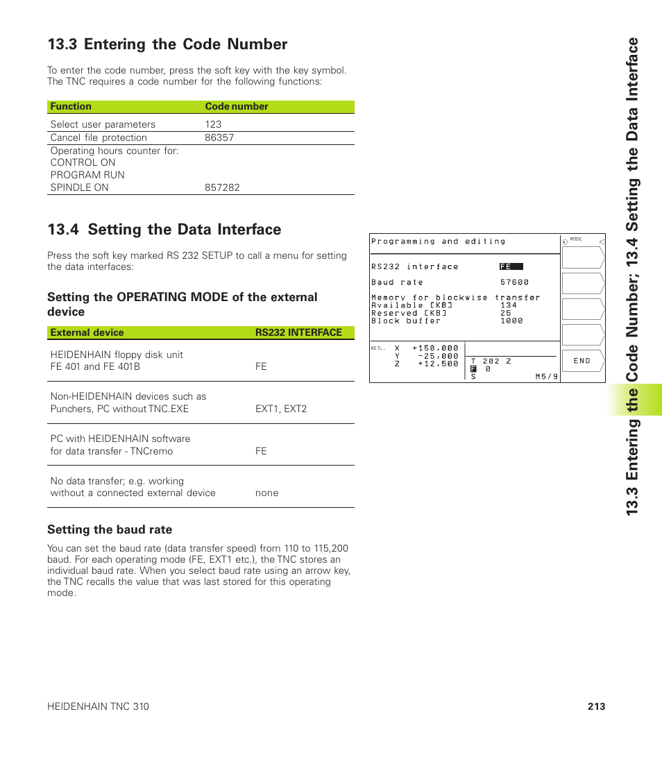 3 entering the code number, 4 setting the data interface | HEIDENHAIN TNC 310 (286 140) User Manual | Page 225 / 250