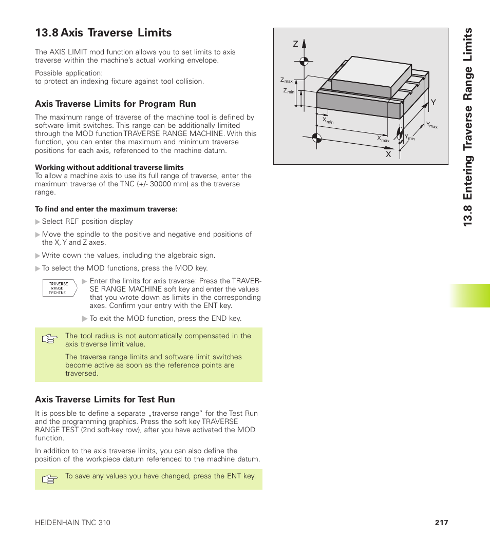 8 axis traverse limits, 8 ent e ring t ra v erse rang e limits | HEIDENHAIN TNC 310 (286 140) User Manual | Page 229 / 250