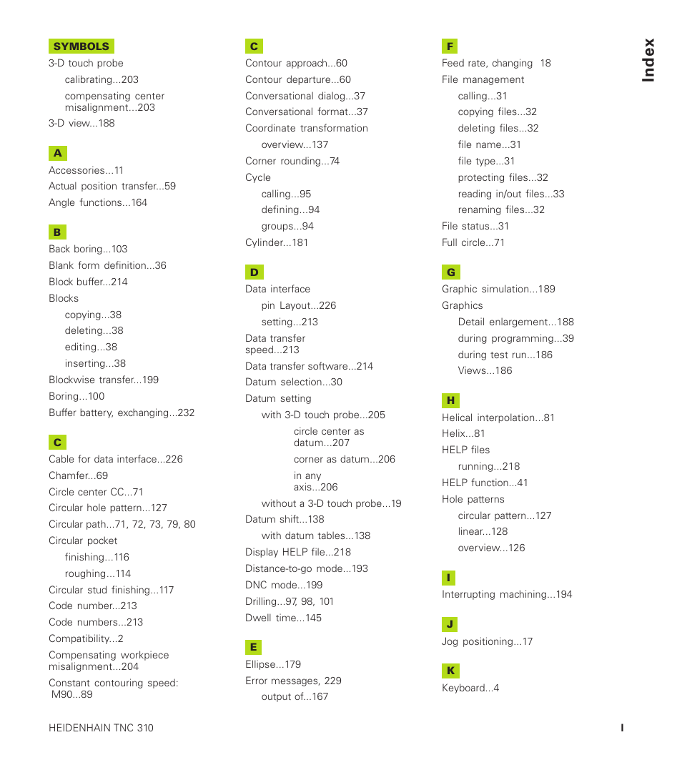 Index | HEIDENHAIN TNC 310 (286 140) User Manual | Page 245 / 250