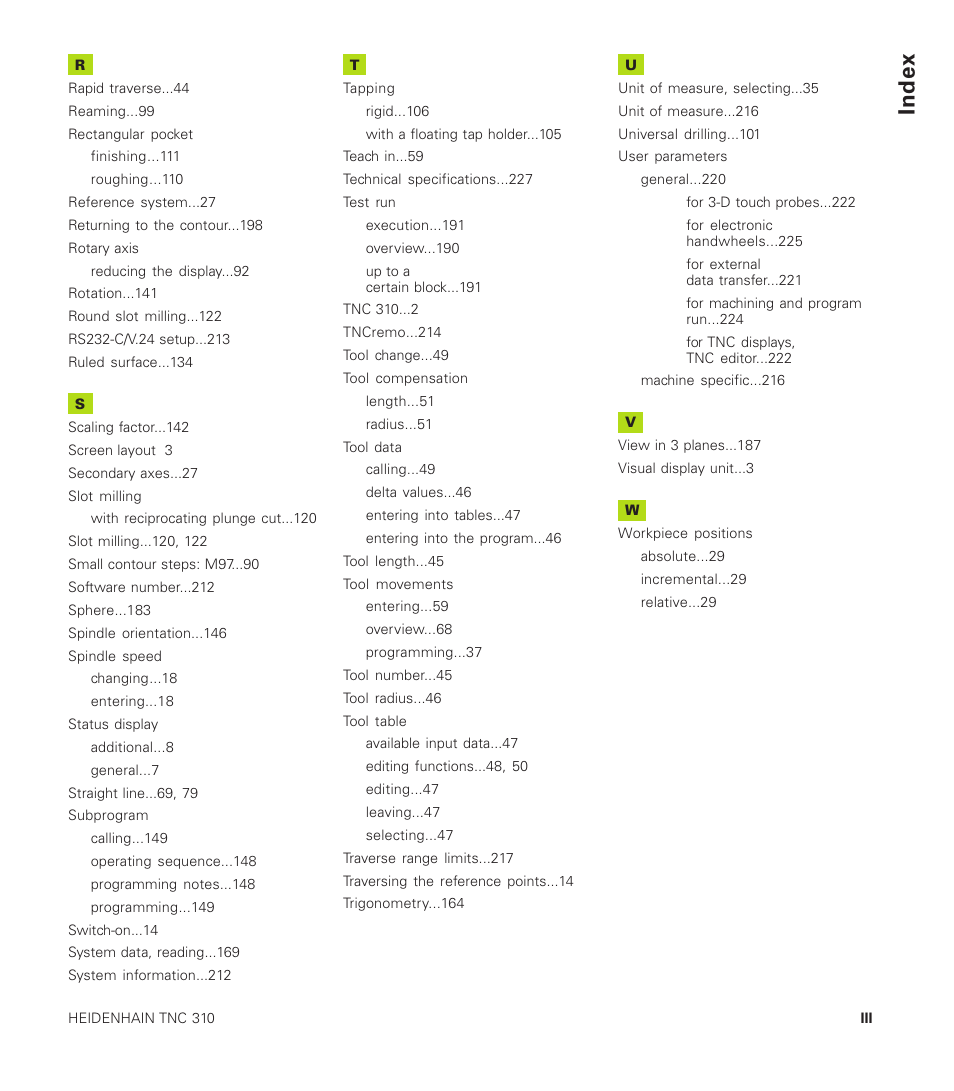 Index | HEIDENHAIN TNC 310 (286 140) User Manual | Page 247 / 250