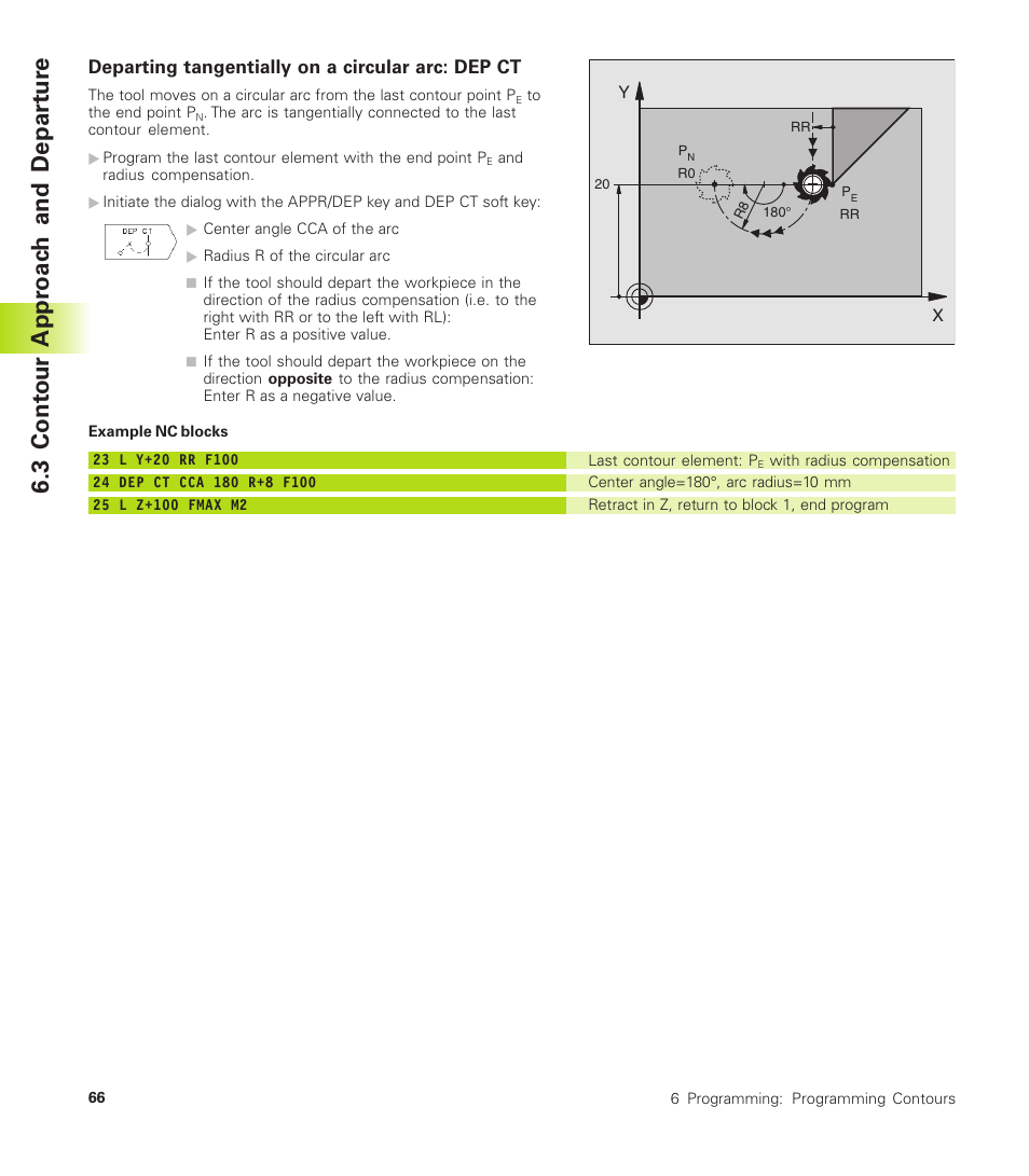 Departing tangentially on a circular arc: dep ct, 3 cont our appr oac h and depar tu re | HEIDENHAIN TNC 310 (286 140) User Manual | Page 78 / 250